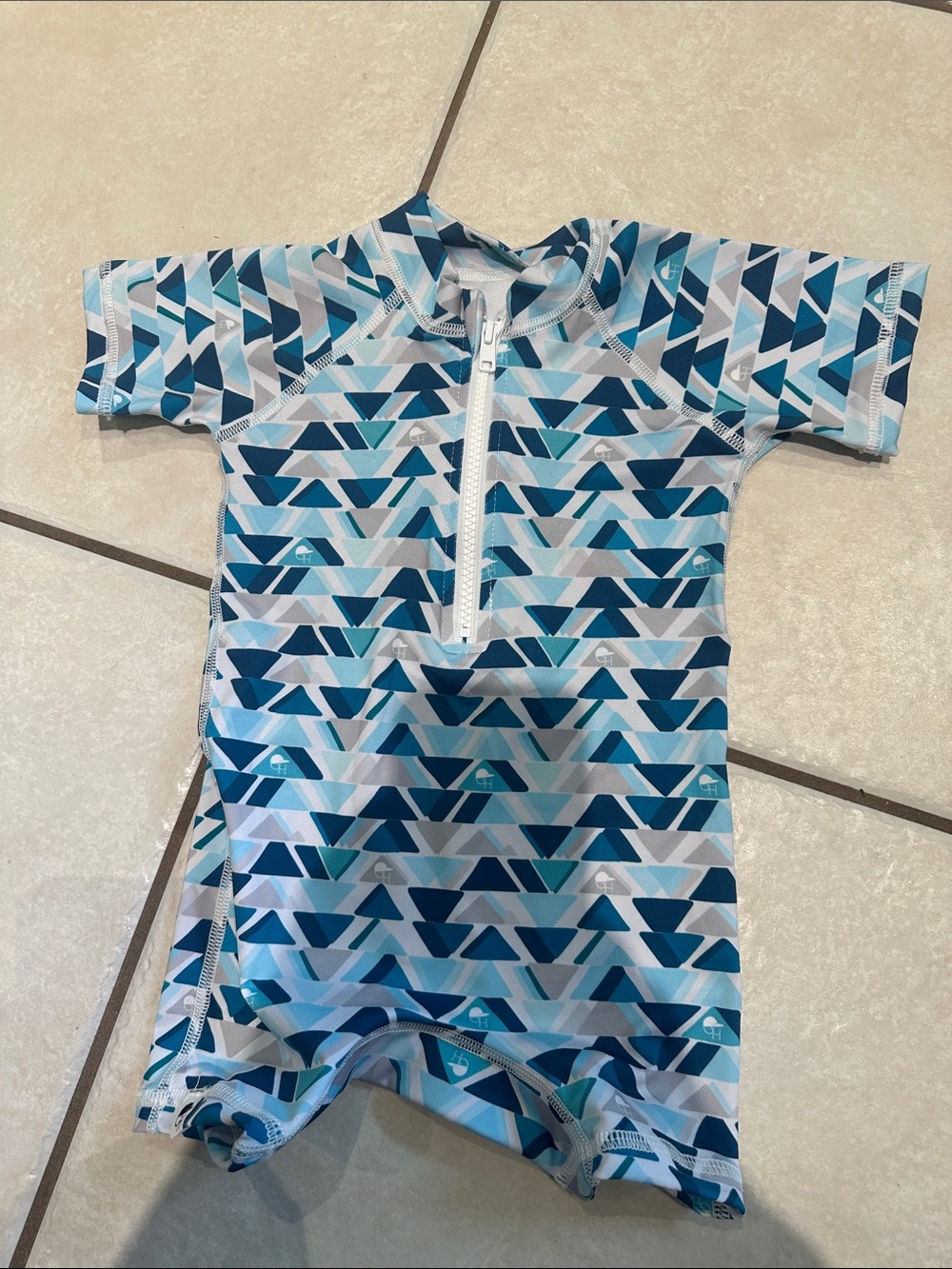 Kids Short-Sleeve Rashguard One-Piece Swimsuit - Blue Geo Print